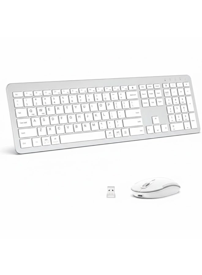 بروماس مجموعة لوحة مفاتيح وماوس لاسلكية - لوحة مفاتيح كاملة الحجم بتصميم مريح مع لوحة أرقام، منفذ USB بسرعة 2.4 جيجاهرتز، نقرة هادئة، 3 مستويات DPI، قابلة لإعادة الشحن، تصميم نحيف متوافق مع ويندوز/ماك، فضي - Image 1